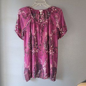 Flounce- Fuchsia, Purple, Cream, Floral Short Sleeve Top, Size Medium